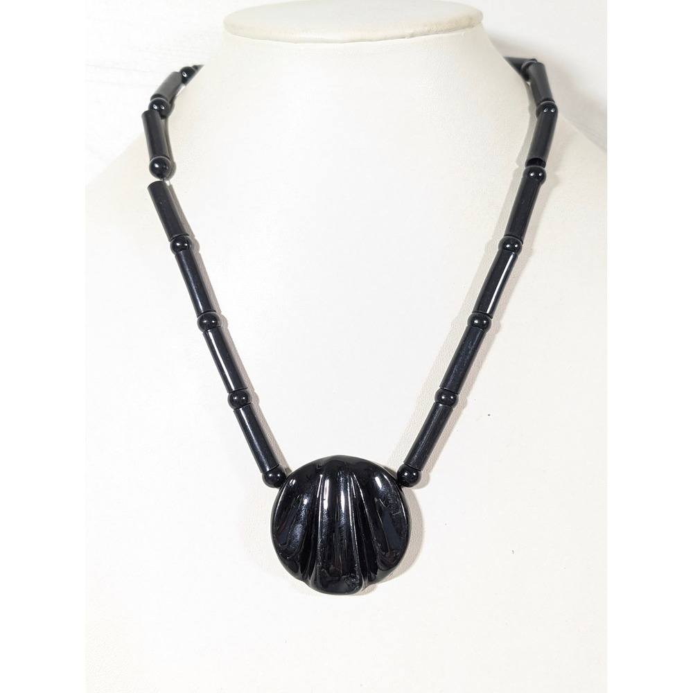 Vintage Black Lucite Wavy Disc Tube Bead Statement Necklace 20 Inch
